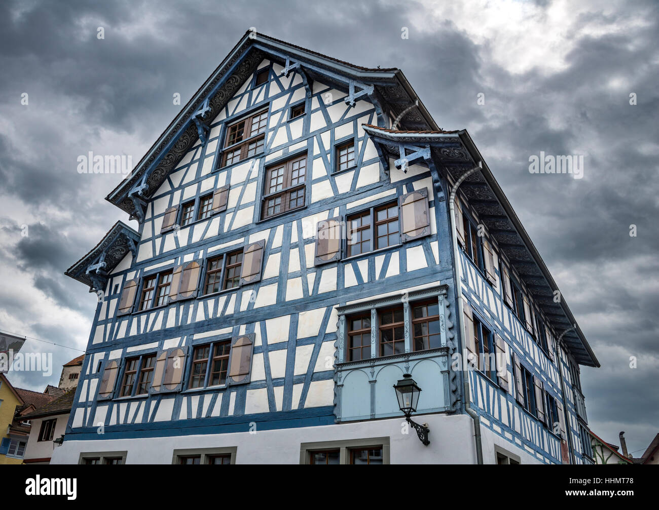 Blu casa in legno e muratura, centro storico, Arbon, Cantone di Turgovia, Svizzera Foto Stock