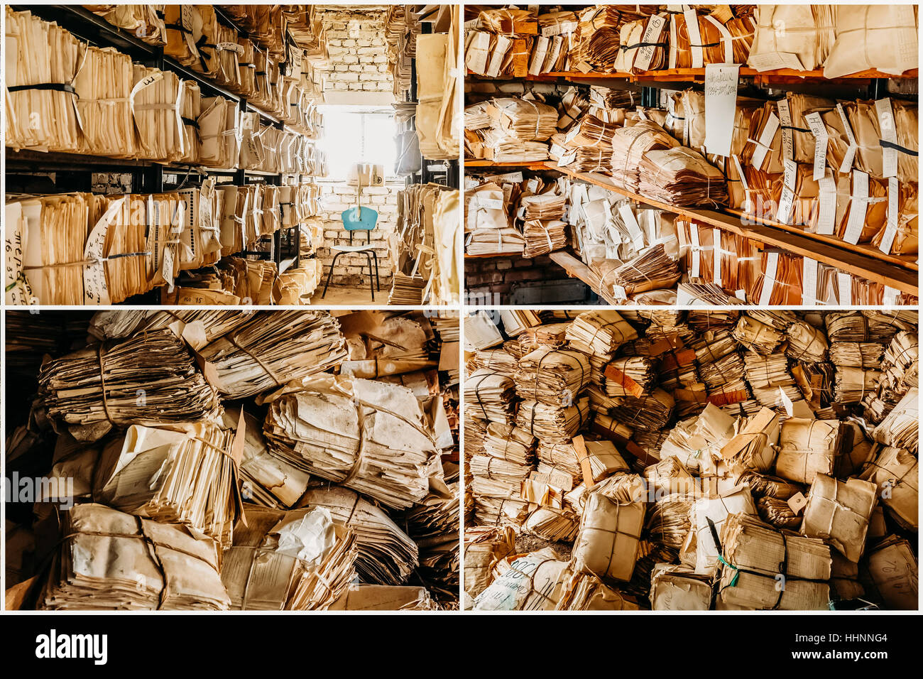 Impostare il collage di età compresa tra i vecchi documenti di archivio. Tenuta di registri in scaffali Foto Stock