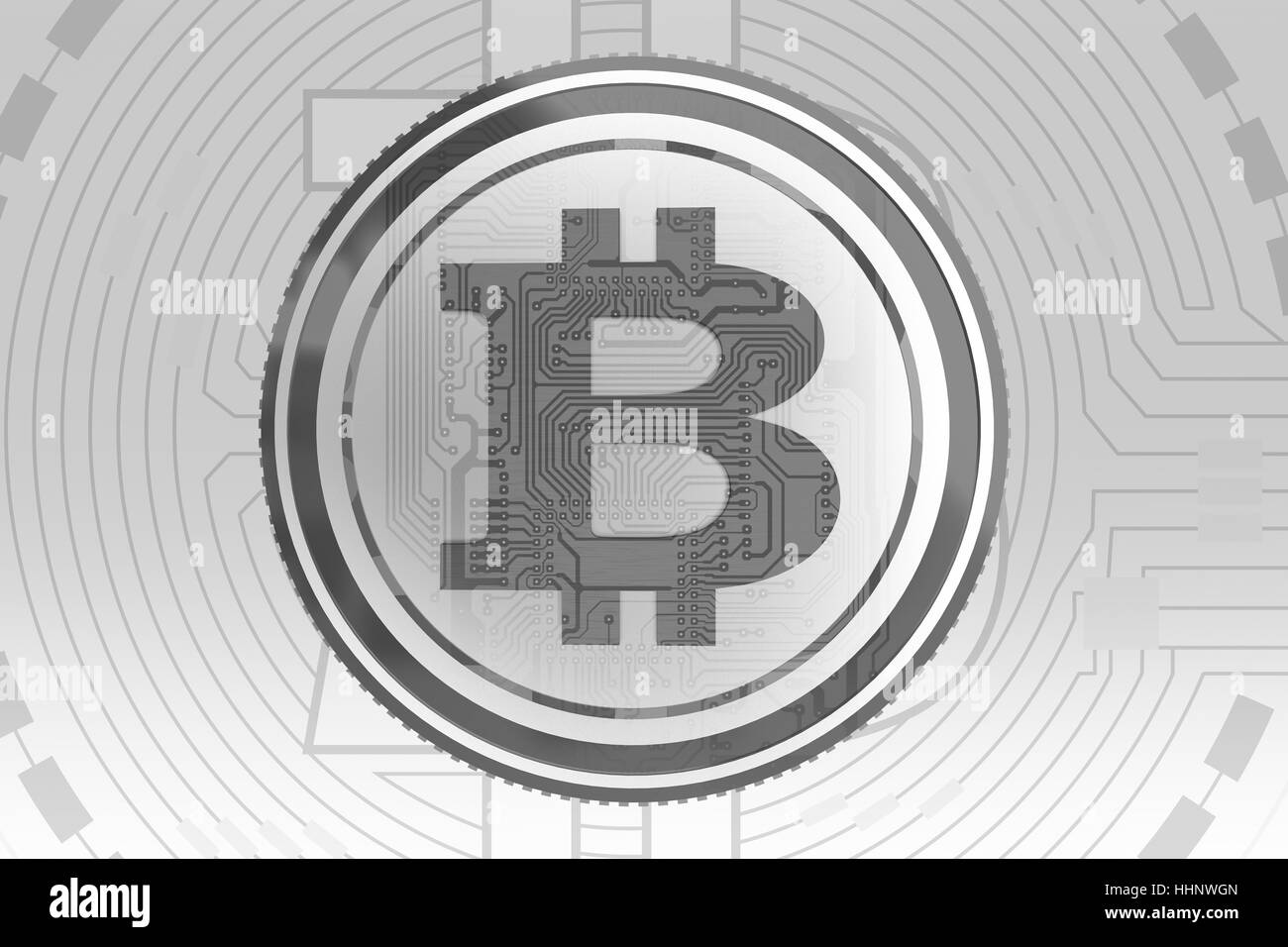 Grigio sfondo Bitcoin concetto. Elegante concettuale moneta Bitcoin sullo sfondo. Foto Stock