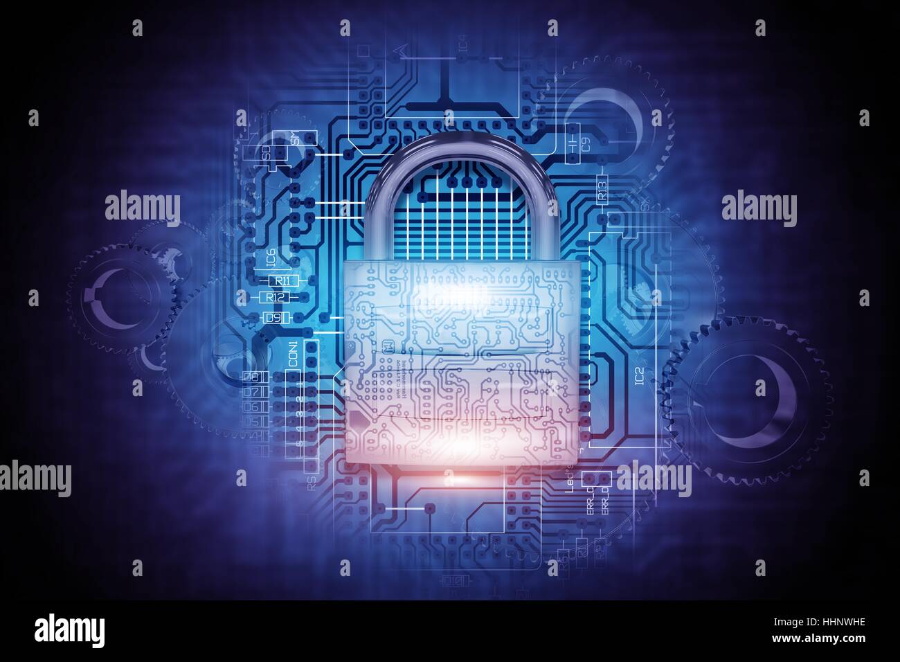 Secure Advanced concettuale del sistema 3D reso illustrazione. Internet e le reti di concetto di sicurezza con lucchetto fissato su Electronic sfondo digitale Foto Stock