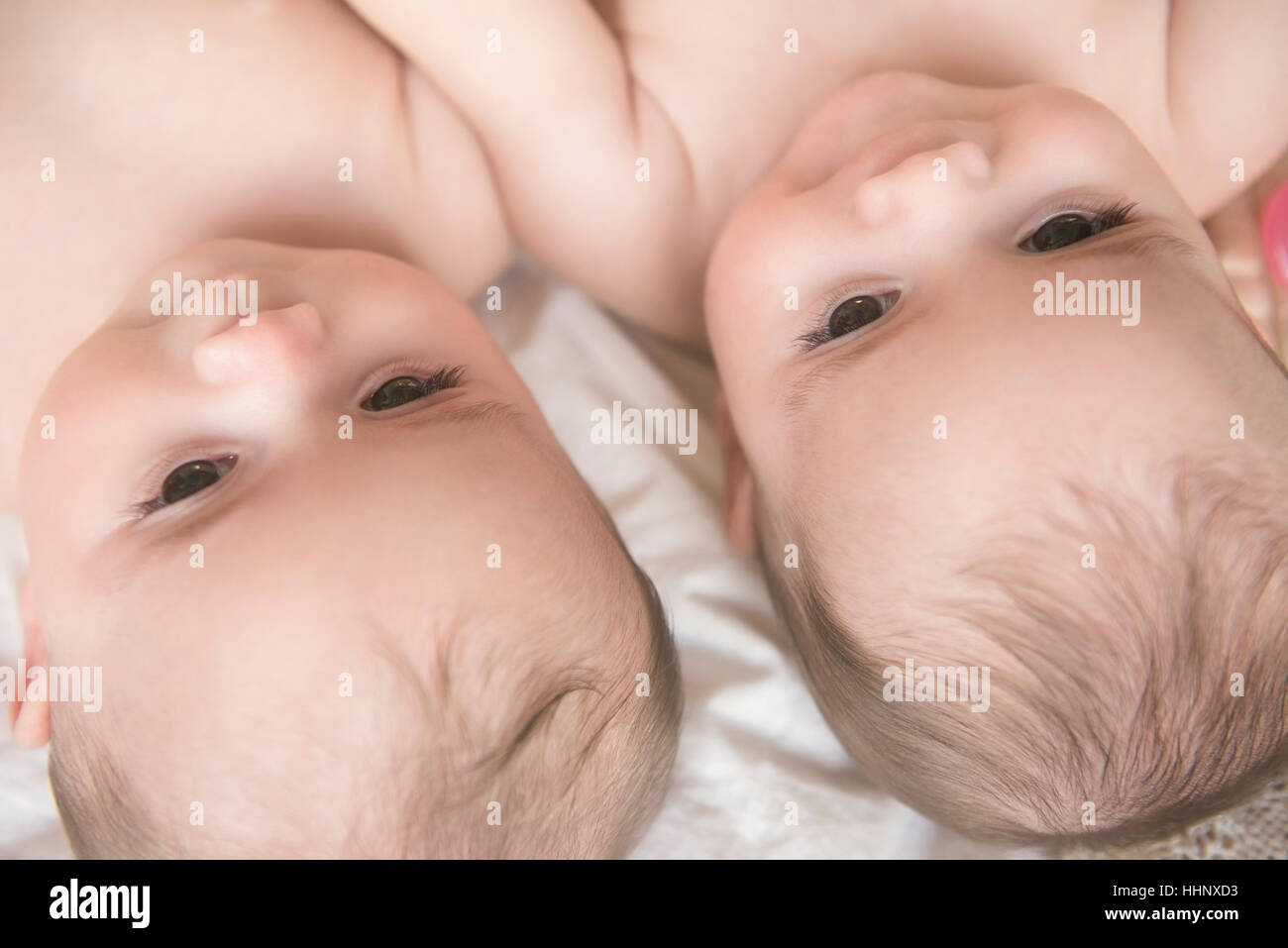 I volti di soggetti di razza caucasica twin baby ragazze Foto Stock
