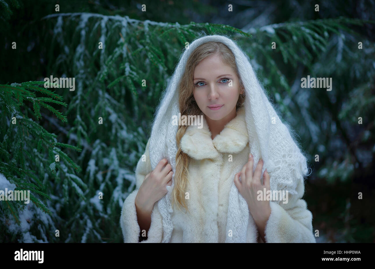 Caucasian donna che indossa pelliccia nel bosco innevato Foto Stock