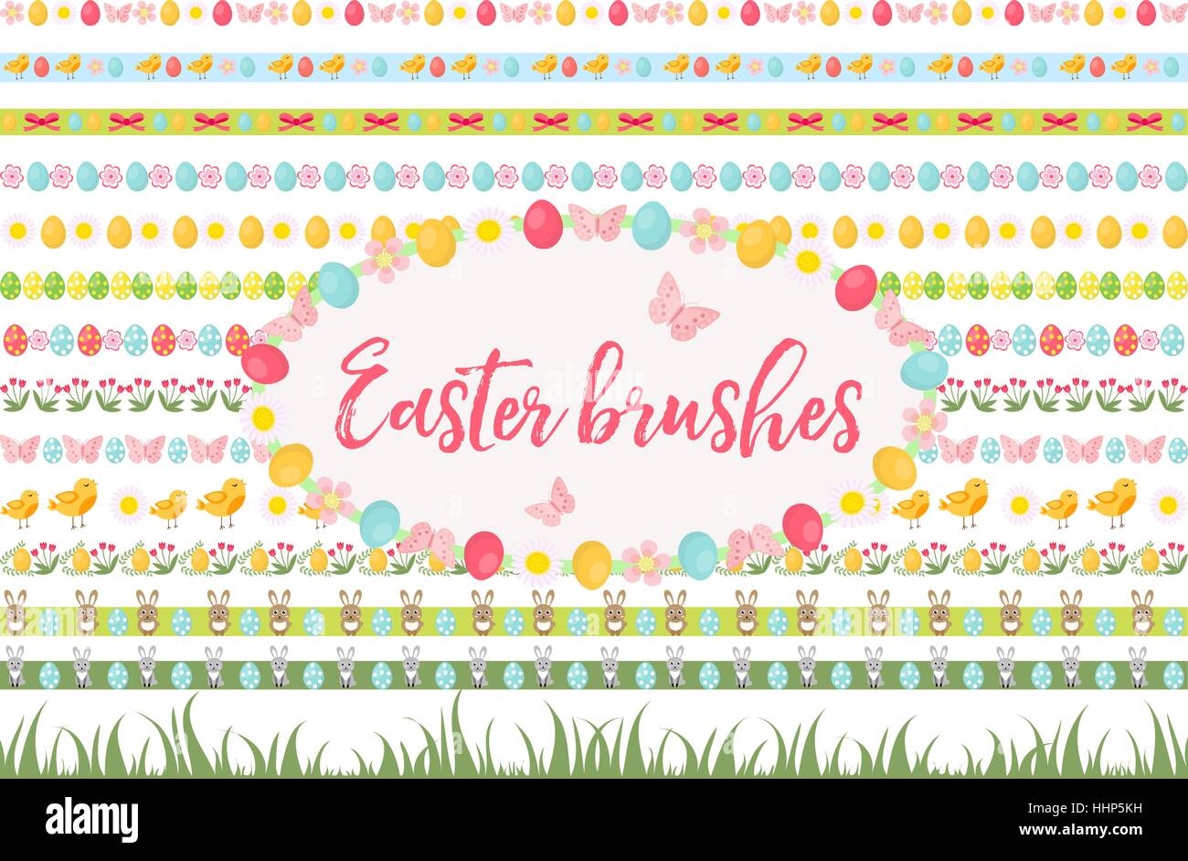 Confini di pasqua, ornamento, garland set. Banner con erba, uova, fiori e altri elementi. Illustrazione Vettoriale, clip art. Illustrazione Vettoriale