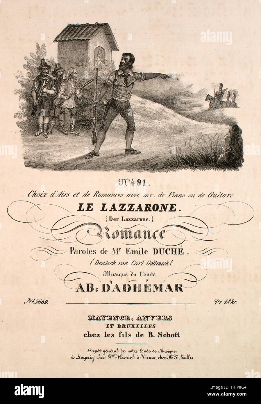 Foglio di musica immagine copertina della canzone 'No 491 Choix d'arie et de romanzi avec acc de Piano ou de guitare Le Lazzarone Der Lazzarone Romance', con paternitã originale lettura delle note "Paroles de Il signor Emile Duche Deutsch von Carl Gollmick Musique du Comte Ab D'Adnemar', 1900. L'editore è elencato come "B. Schott', la forma della composizione è 'strofico', la strumentazione è 'pianoforte e voce", la prima riga indica 'un moi! Un moi ma bonne carbine', e l'illustrazione artista è elencato come 'Nessuno'. Foto Stock