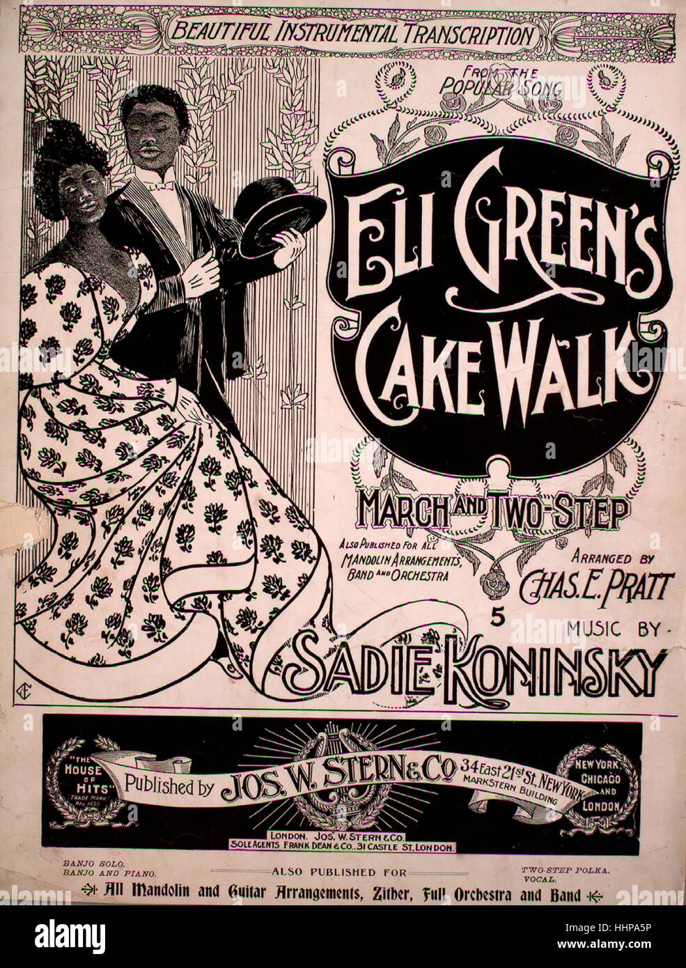 Foglio di musica immagine copertina della canzone "Eli verde della torta a piedi Marzo e bellissimo a due fasi di trascrizione strumentale da la canzone popolare', con paternitã originale lettura delle note "disposti da Chas e Pratt musica da Sadie Koninsky', Stati Uniti, 1898. L'editore è elencato come 'Jos. W. Stern e Co., 34 East xxi San', la forma della composizione è 'sectional', la strumentazione è 'piano', la prima riga indica 'Nessuno', e l'illustrazione artista è elencato come 'Hounslow N.Y.". Foto Stock