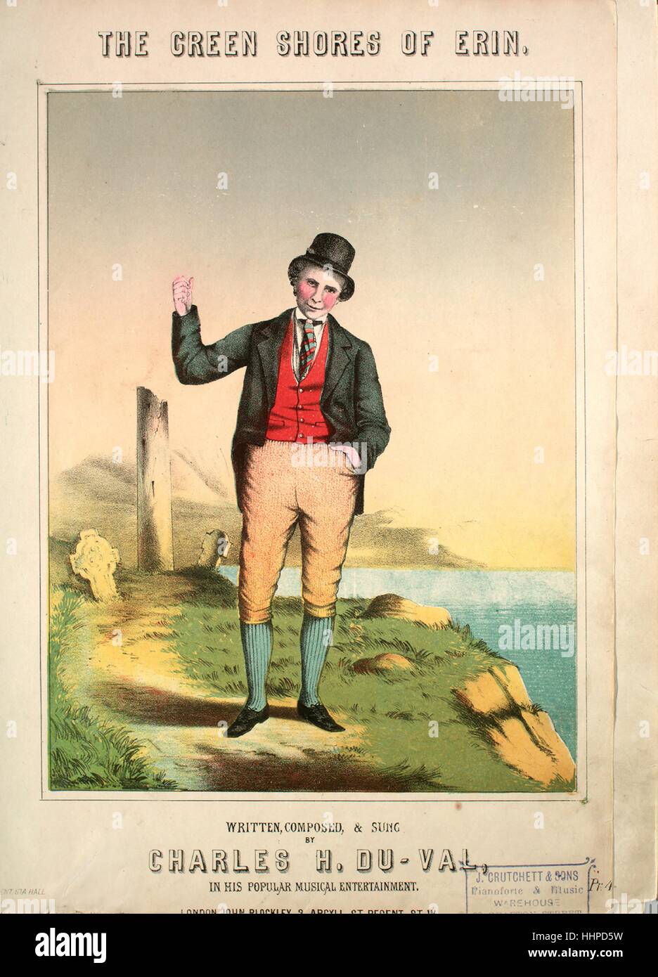 Foglio di musica immagine copertina della canzone "verdi rive di Erin', con paternitã originale lettura delle note "scritta, composta da Charles H Du-Val [sic] nel suo famoso intrattenimento musicale', Regno Unito, 1900. L'editore è elencato come 'John Blockley, 3 Argyl St. Regent St. W.', la forma della composizione è 'strofico', la strumentazione è 'pianoforte e voce", la prima linea recita "verdi rive di Erin ho lasciato lontano dietro di me', e l'illustrazione artista è elencato come 'Nessuno'. Foto Stock