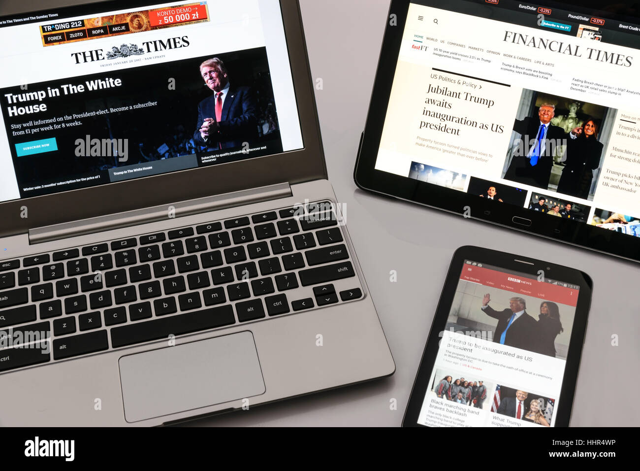 Krynica-Zdroj, Polonia - 20 Gennaio 2017: British media elettronici i tempi, Financial Times e BBC News pubblicare le informazioni su inaugurazione Donald Trump come 45 il presidente degli Stati Uniti d'America. Foto Stock