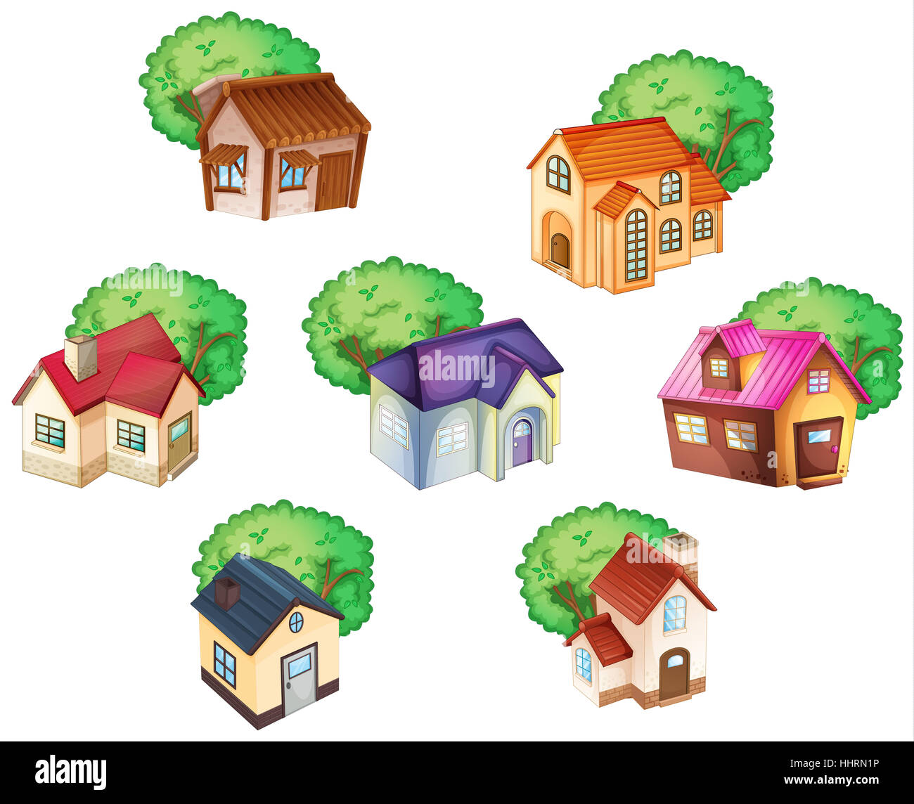 Fumetto, cartoon, illustrazioni, blu, casa, costruendo, case, colore, albero, Foto Stock