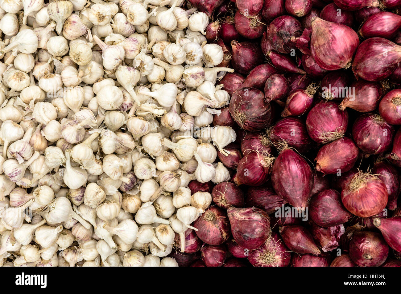 Cipolle e aglio bianco. Mercato ortofrutticolo, Sundarbans, West Bengal, India Foto Stock