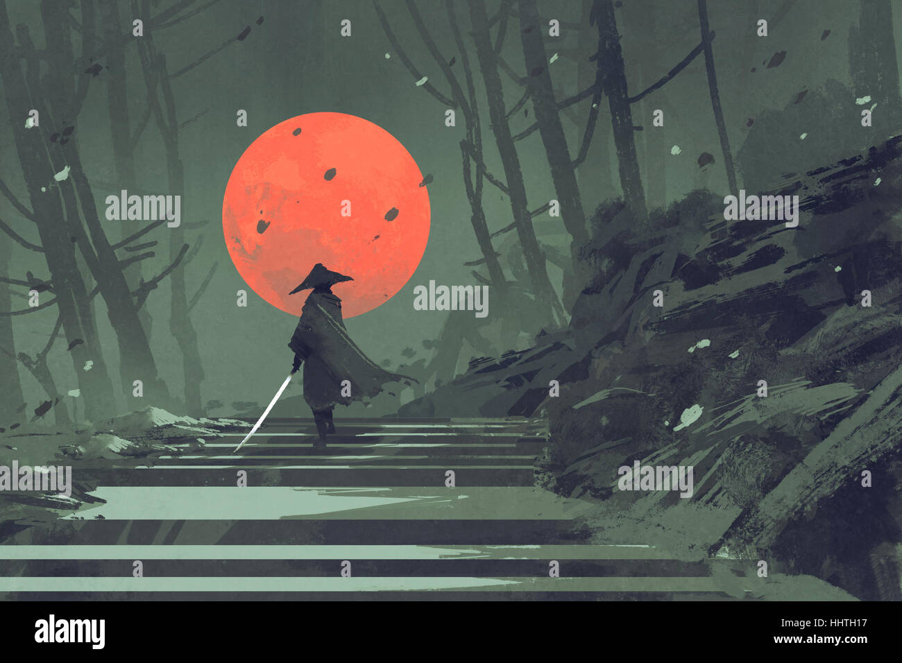 Il Samurai permanente sulla scalinata nel bosco di notte con la luna rossa sullo sfondo, illustrazione pittura Foto Stock