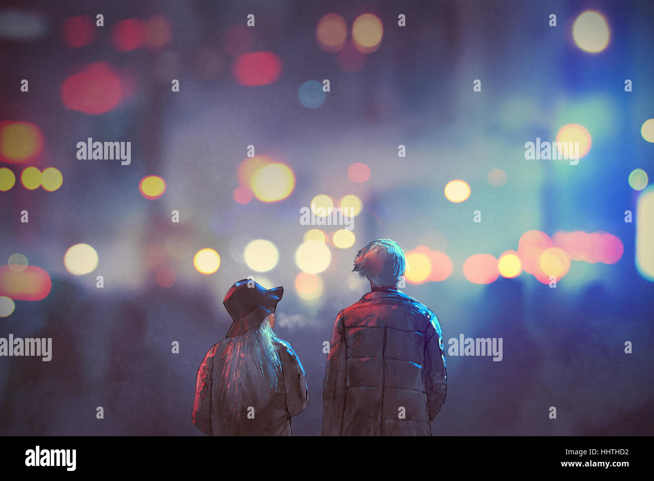 Vista posteriore del giovane in amore camminando sulla strada della città di notte,illustrazione pittura Foto Stock