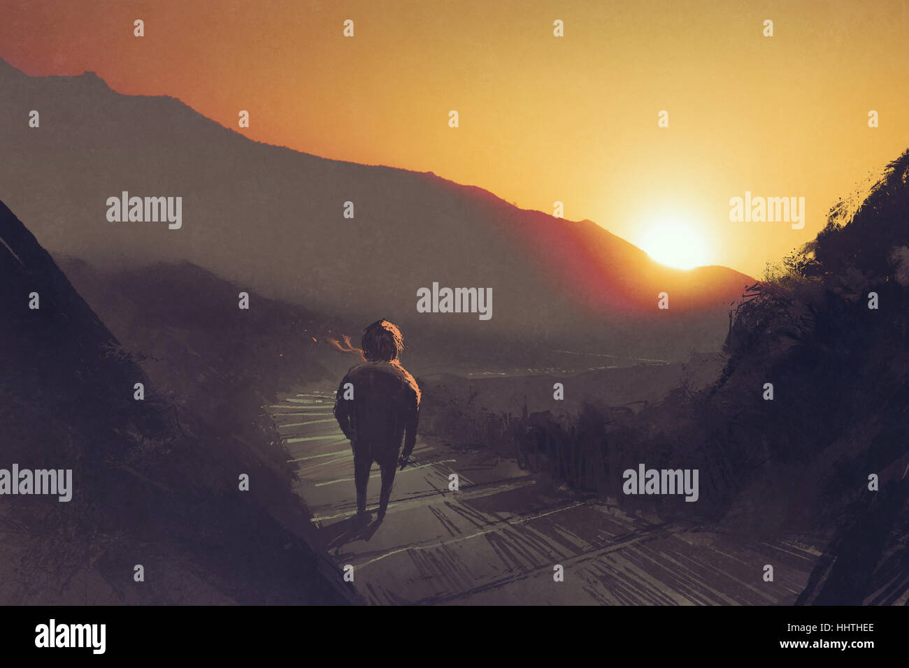 Uomo in piedi sul percorso di montagna scale guardando il tramonto,illustrazione pittura Foto Stock