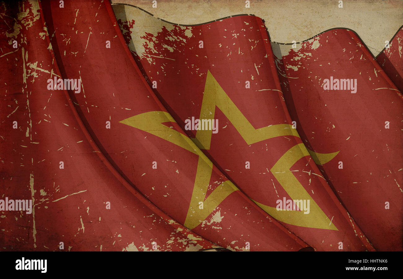 Bandiera, Unione sovietica, militare, rosso, stella, closeup, ruvida, seppia, grana Foto Stock