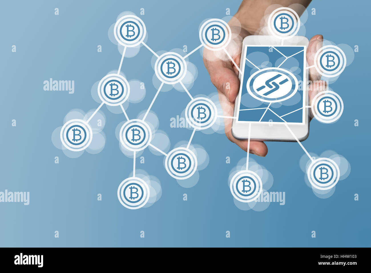 E Blockchain bitcoin concetto con mano azienda moderne smart phone come esempio per aletta tecnologia tech Foto Stock