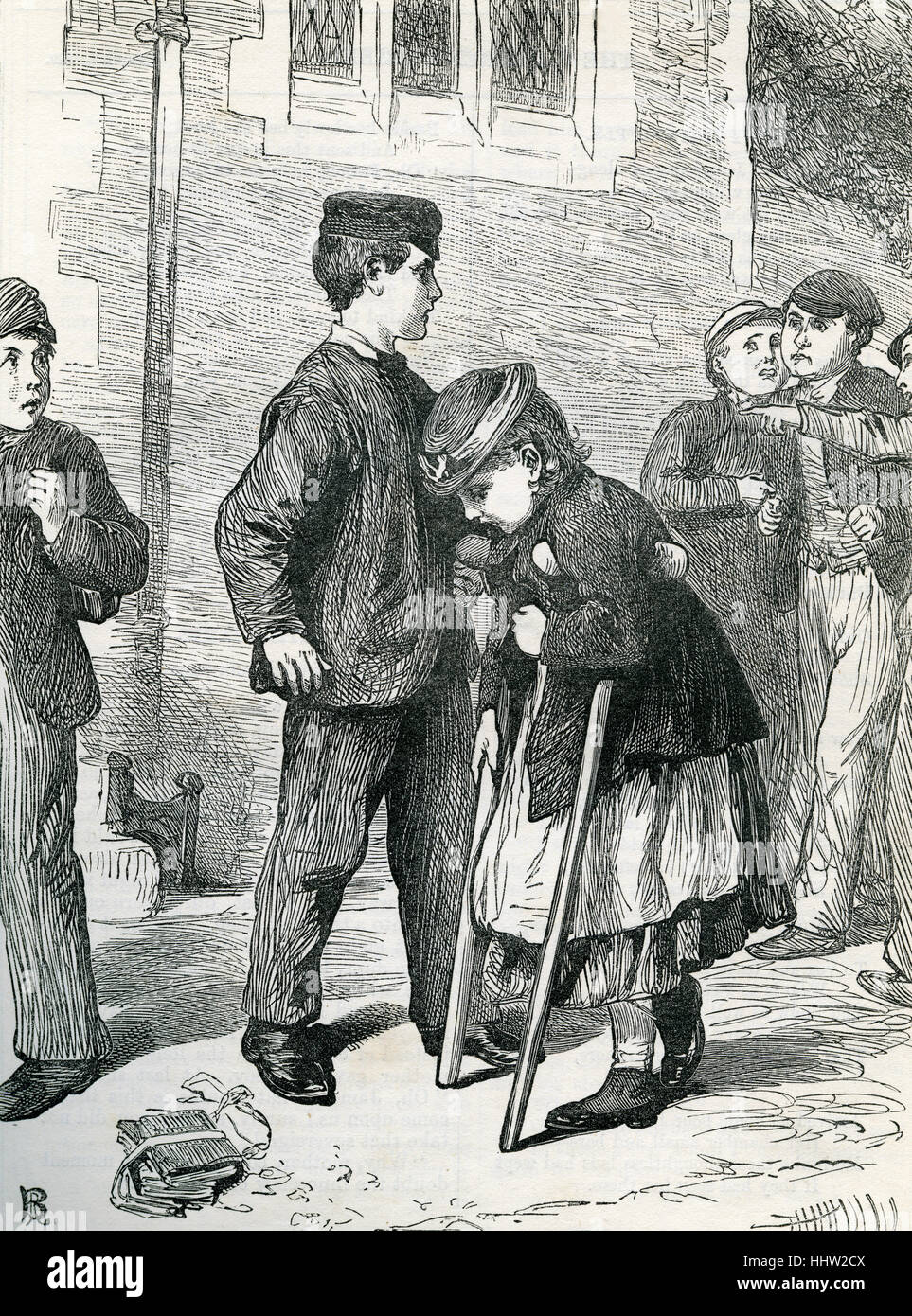 Ragazzo giovane protegge una bambina paralizzata su stampelle da un gruppo di spettatori accusatorio. Dopo l'illustrazione da 'I bambini amico", marzo 1869. Victorian racconto morale. Foto Stock