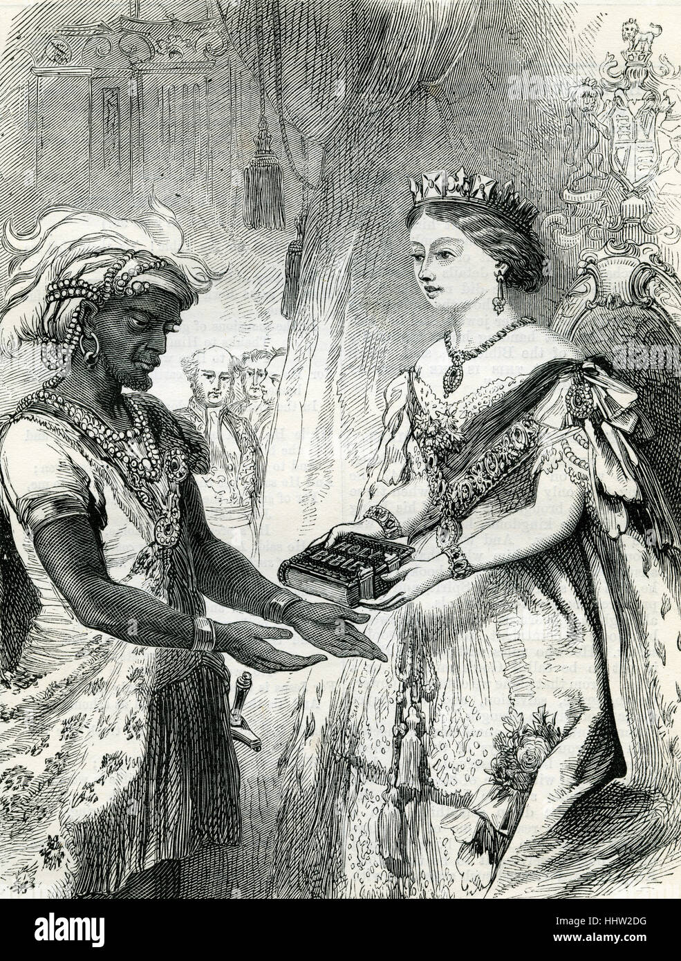 La regina Victoria, come una giovane donna, presentando una copia della Bibbia a un principe africano visitando Inghilterra. Dopo una illustrazione Foto Stock