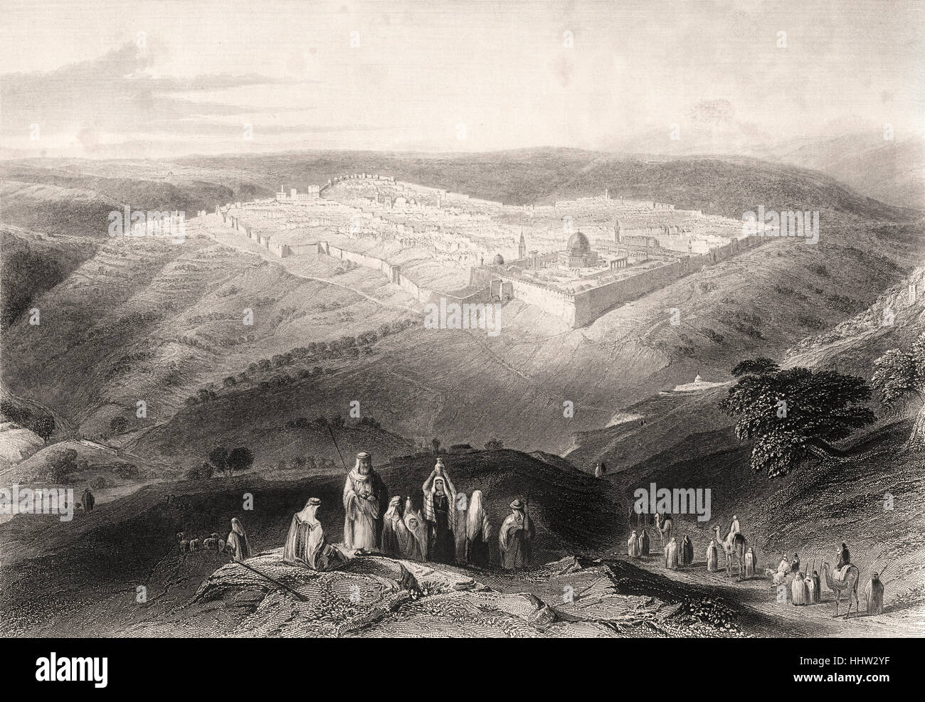 Gerusalemme, Israele - XIX secolo incisione per illustrare il Salmo 147 versetto 2 - " Il Signore ricostruisce Gerusalemme". Foto Stock