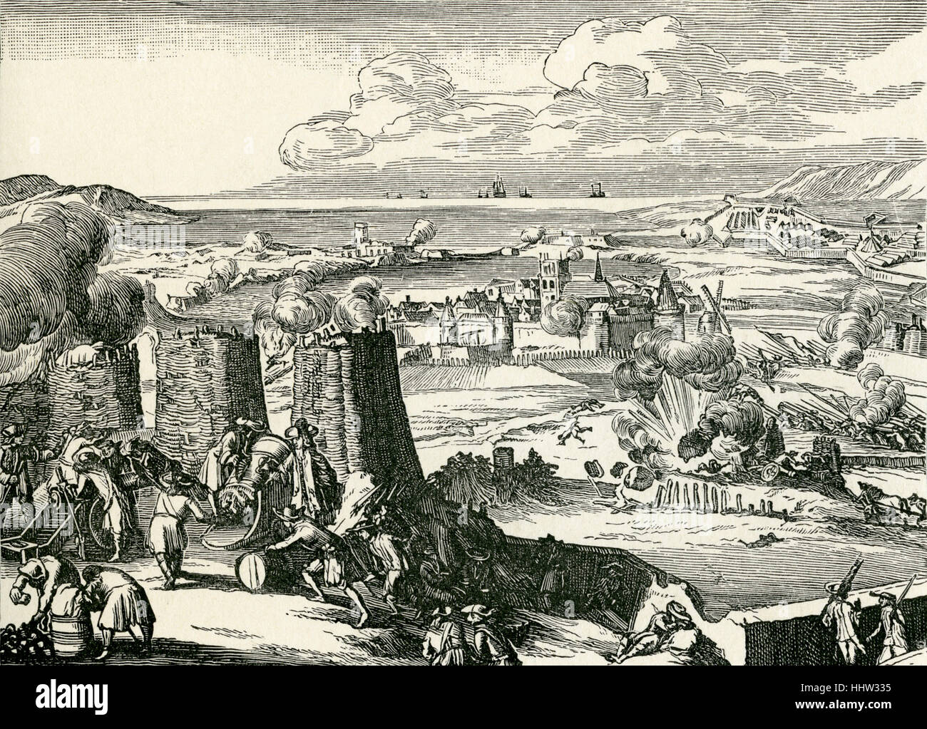 Assedio di Derry (Londonderry) 1689. Incisione di c. 1690 Engelants Schouwtoneel Foto Stock