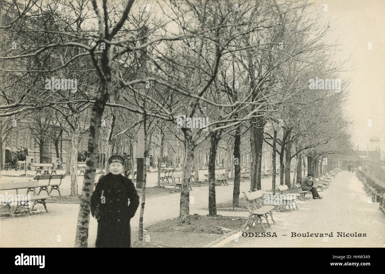 Nikolaevsky Boulevard, Odessa, Ucraina / Impero Russo, xix secolo. Ragazzo che indossa berretto nella neve. Foto Stock
