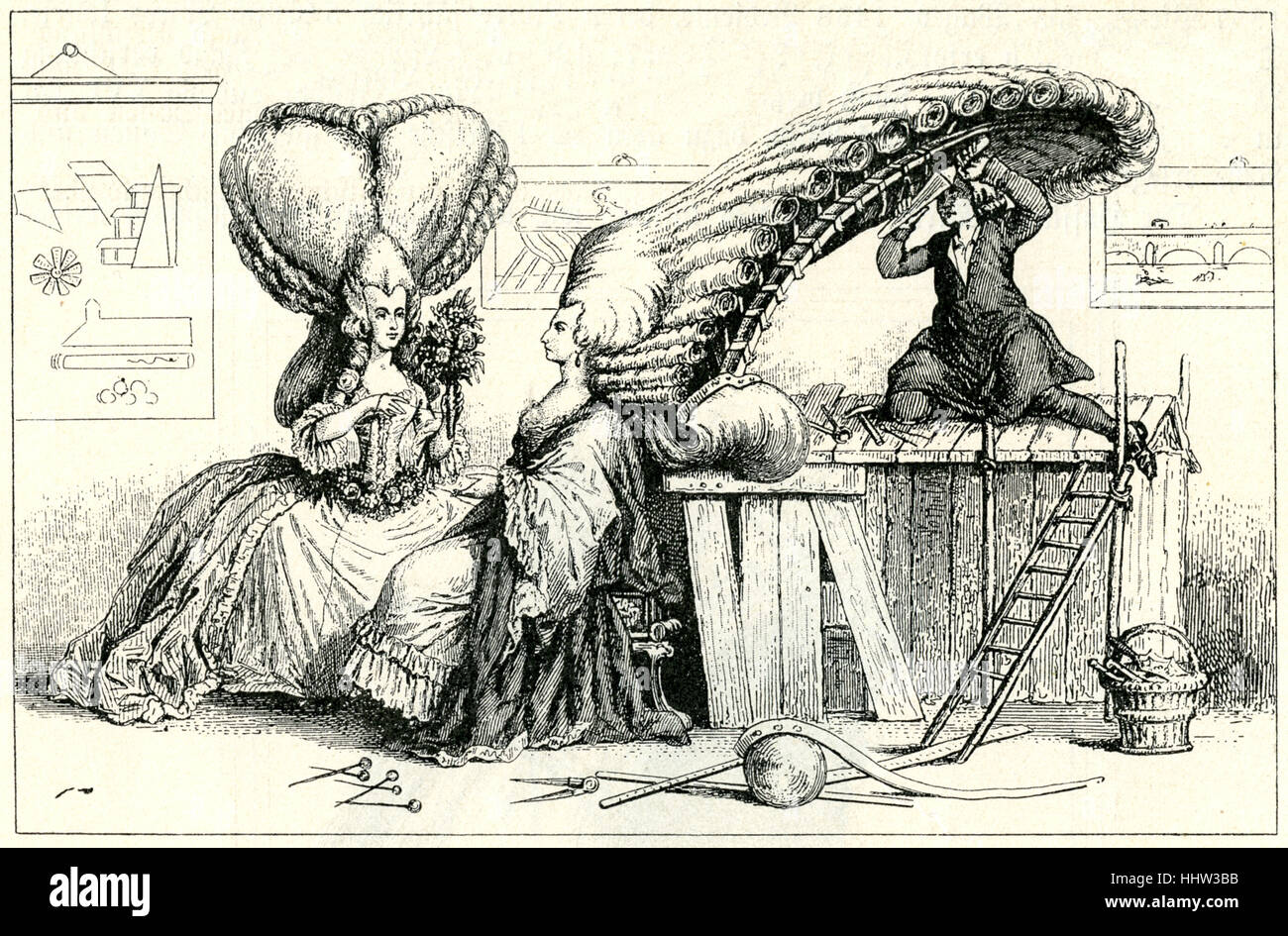Francese del xviii secolo caricatura satirising la moda per enormi parrucche. 1785. Foto Stock