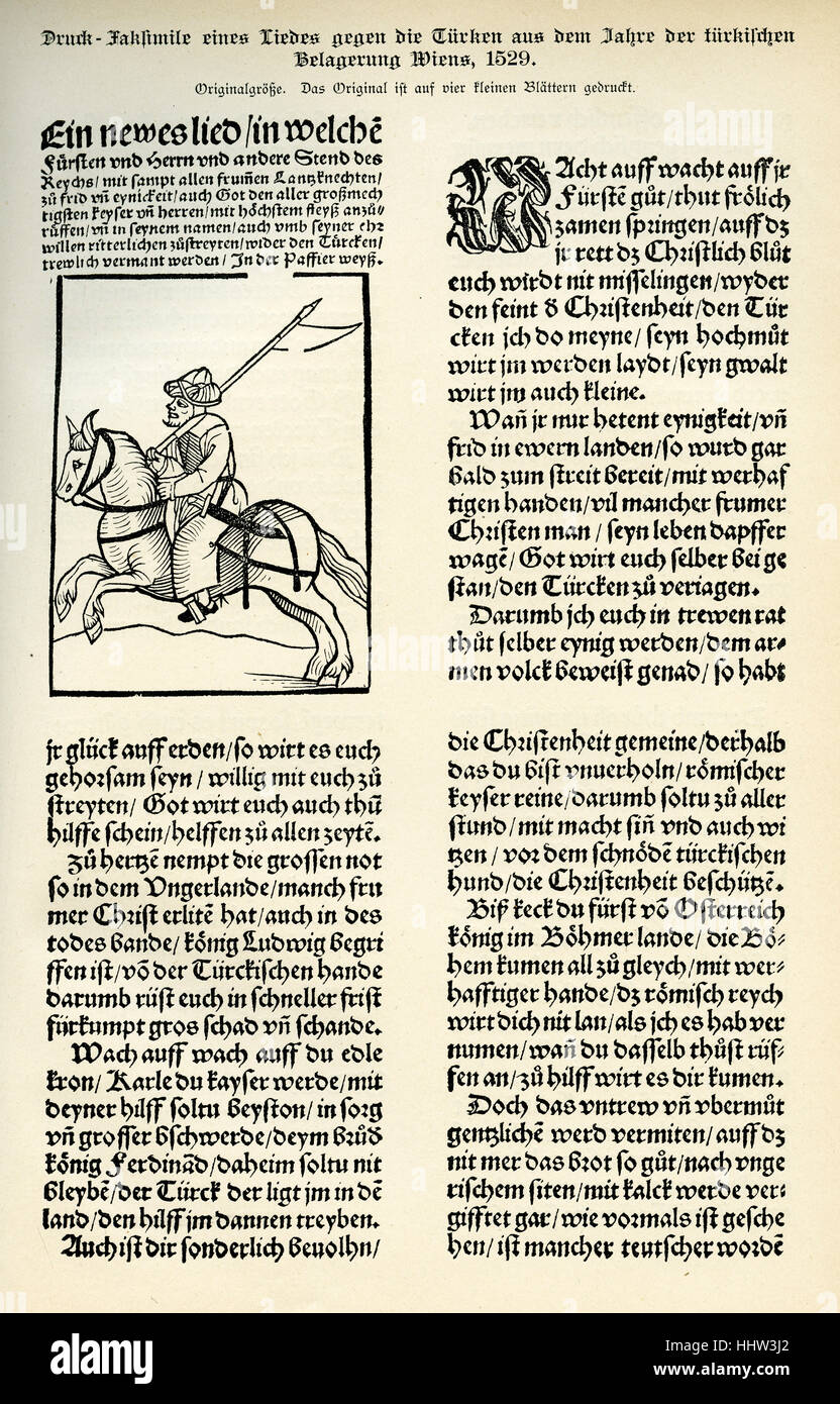 Soldato ottomano a cavallo, illustrazione da una canzone contro i Turchi stampato nel 1529, anno dell'assedio ottomano di Foto Stock