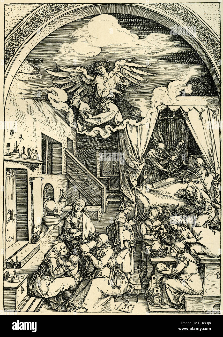 Illustrazione raffigurante il "Wochenstube', sei settimane subito dopo la nascita di un bambino in una casa tedesca c. 1500. Xilografia da Foto Stock