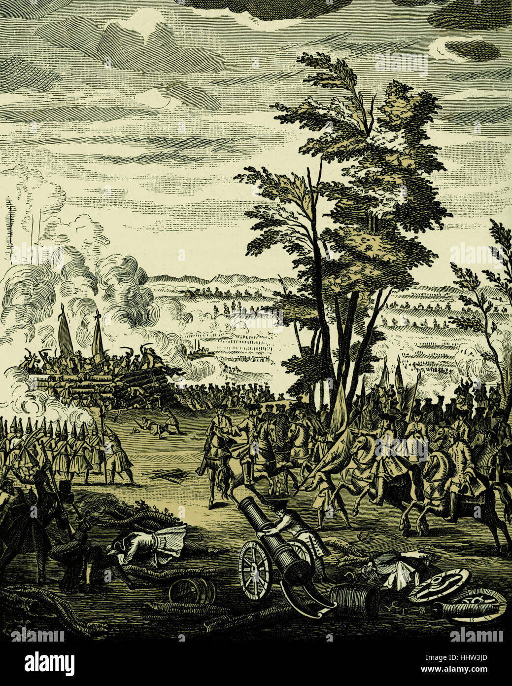 Battaglia di Malplaquet, 11 settembre 1709, durante la Guerra di Successione spagnola (1701-1714). Da "La storia di Queen Anne', 1740. Foto Stock