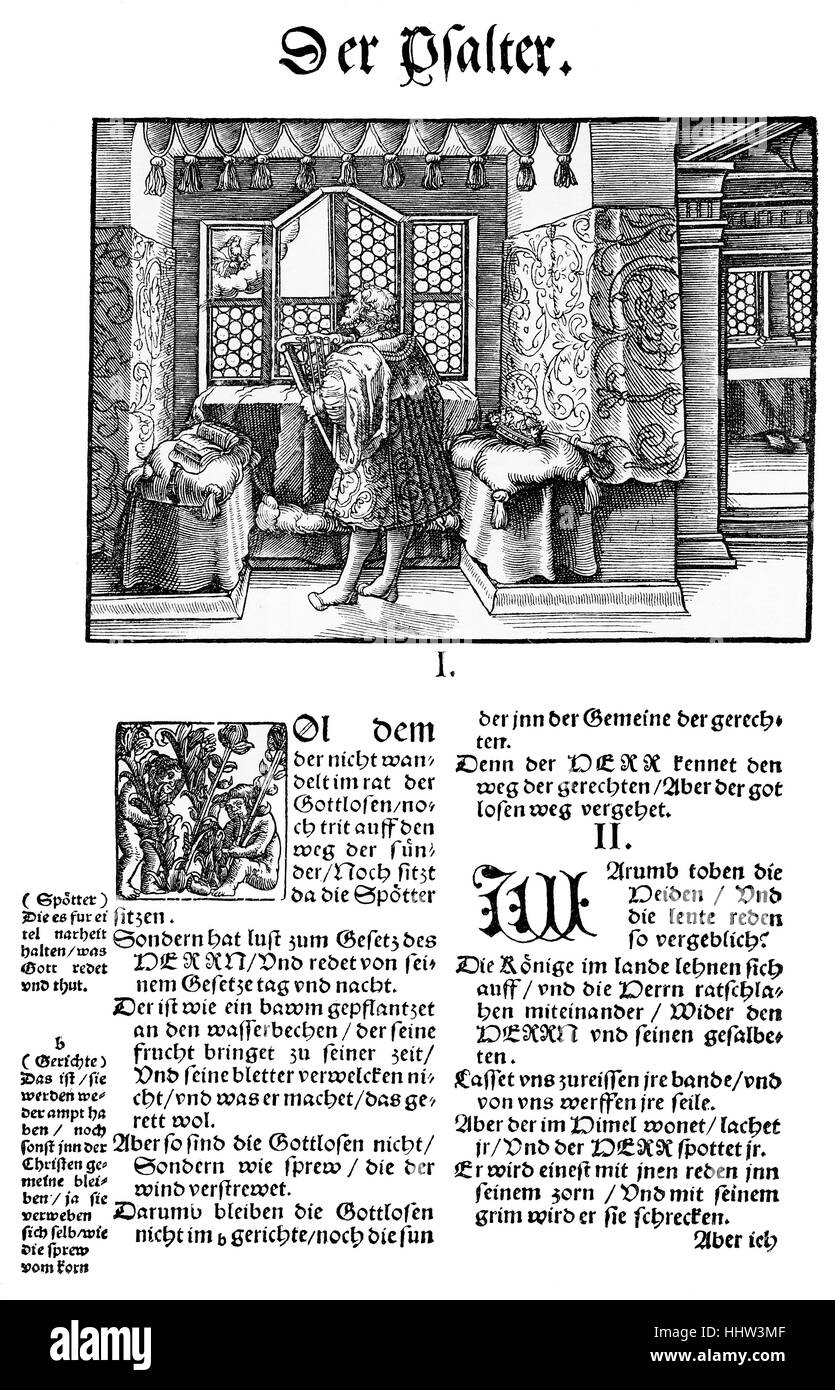 La prima pagina del libro dei Salmi in Martin Lutero di traduzione della Bibbia, prima edizione pubblicata in Wittenberg 1534 Foto Stock