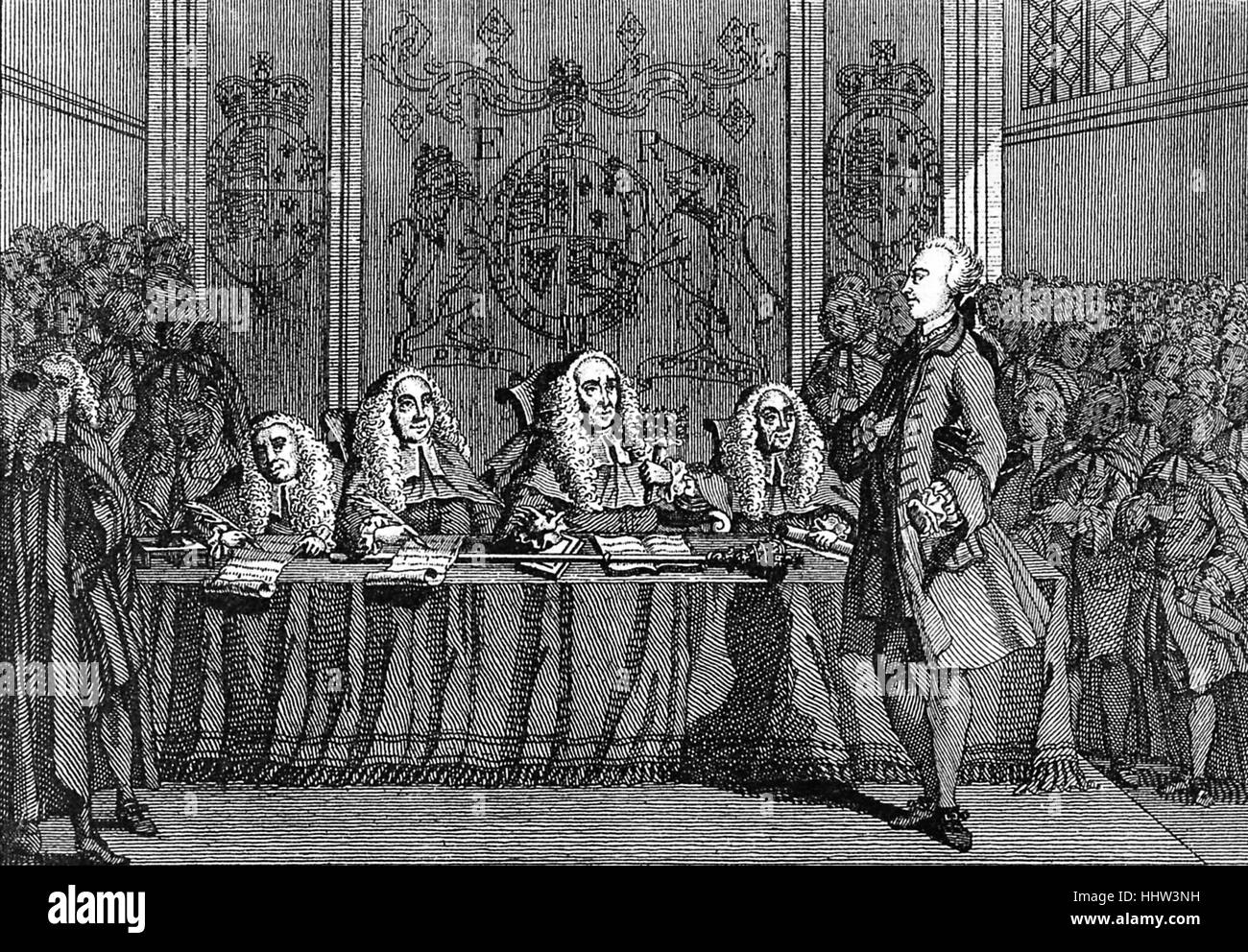 Giovanni documento Wilkes dinanzi alla corte del re banco del 1768. Xviii secolo courtroom scena. JW: Inglese giornalista e politico 17 Foto Stock