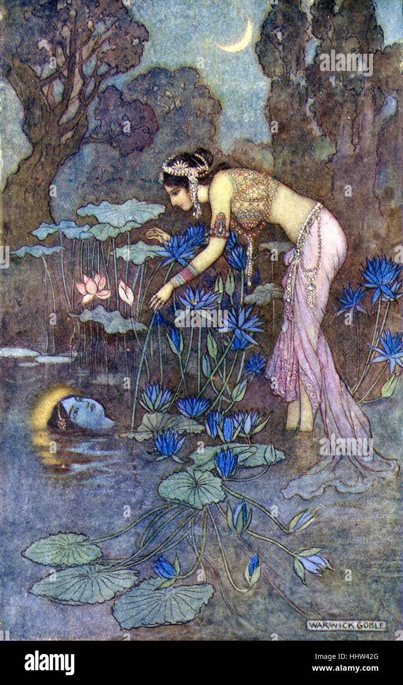 Indian mito e leggenda: Sita trova Rama tra lotus blumi. Illustrazione dopo un dipinto di Warwick Goble, illustratore inglese Foto Stock