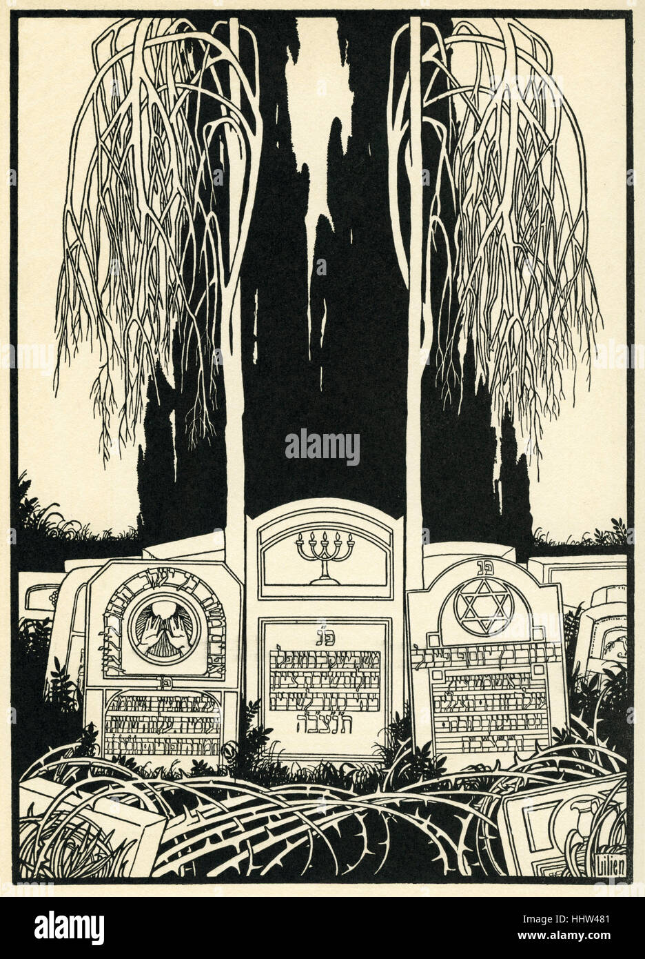 Efraim Moses Lilien illustrazione della filiera Friedhofsnachtigall / il cimitero usignolo. b. 1874 (Galizia) - d.1925 Foto Stock