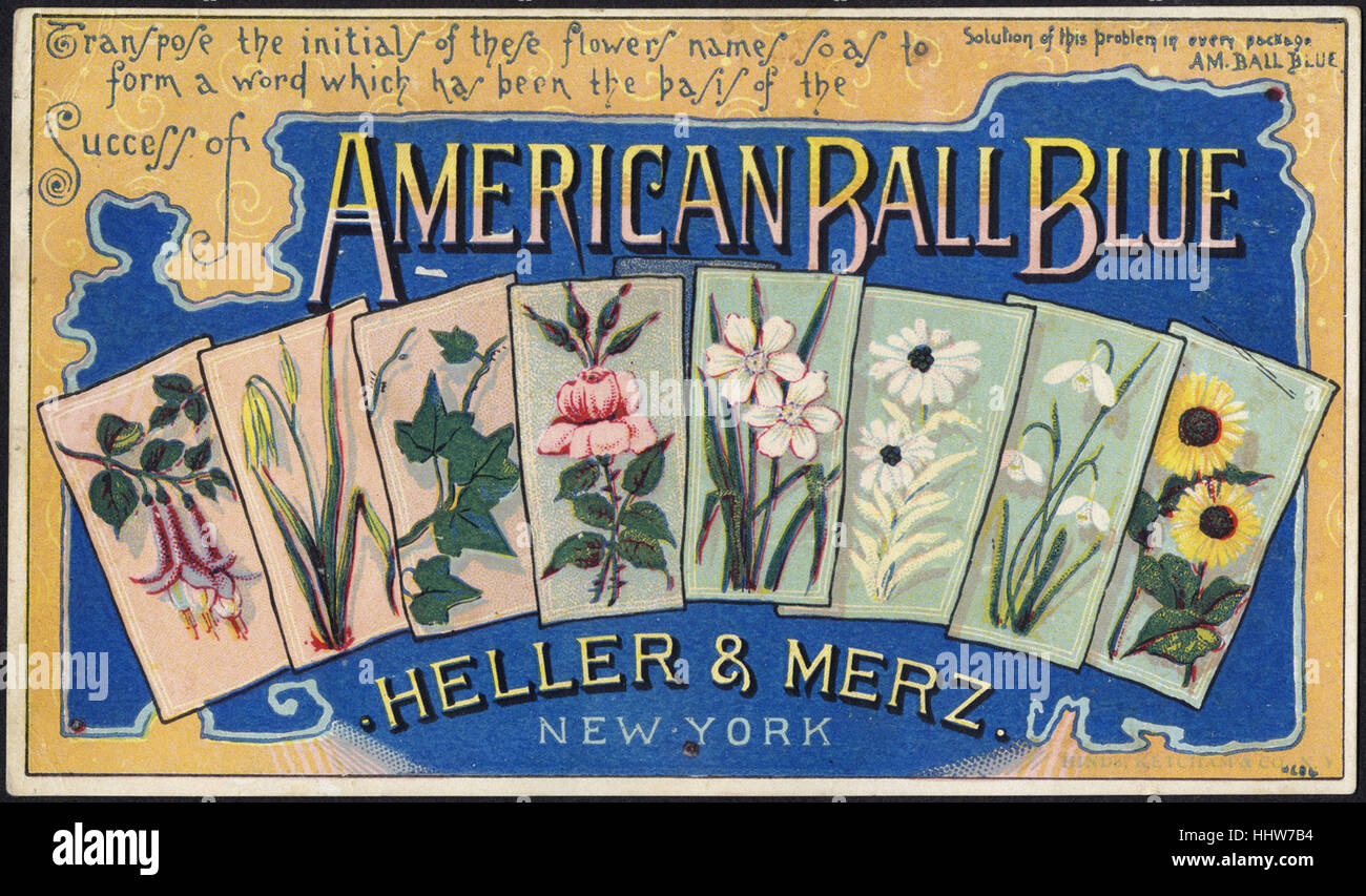 Trasporre le iniziali dei nomi dei fiori in modo da formare una parola che è stata alla base del successo di American Ball Blue [Anteriore] - Lavanderia Scambio di carte Foto Stock