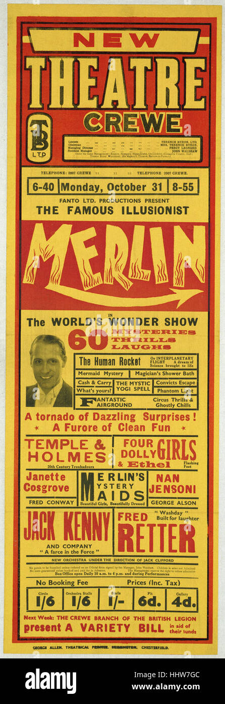 Nuovo Teatro Crewe   Fanto Ltd. Productions presente il famoso illusionista Merlin - Magic poster Foto Stock