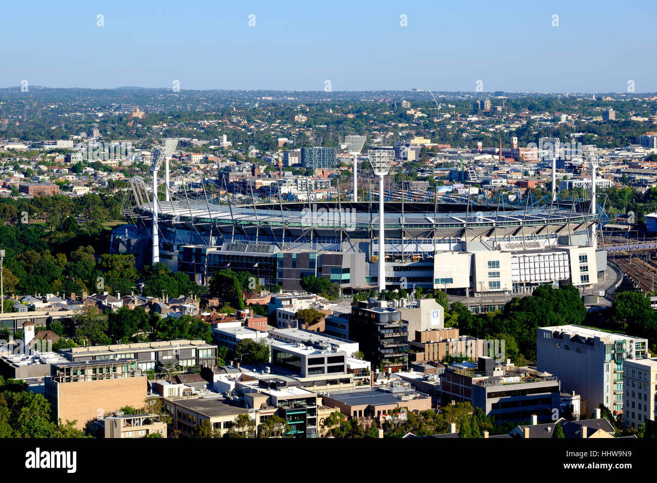 Obliqua di vista aerea del campo da Cricket di Melbourne, MCG, Melbourne Australia Foto Stock