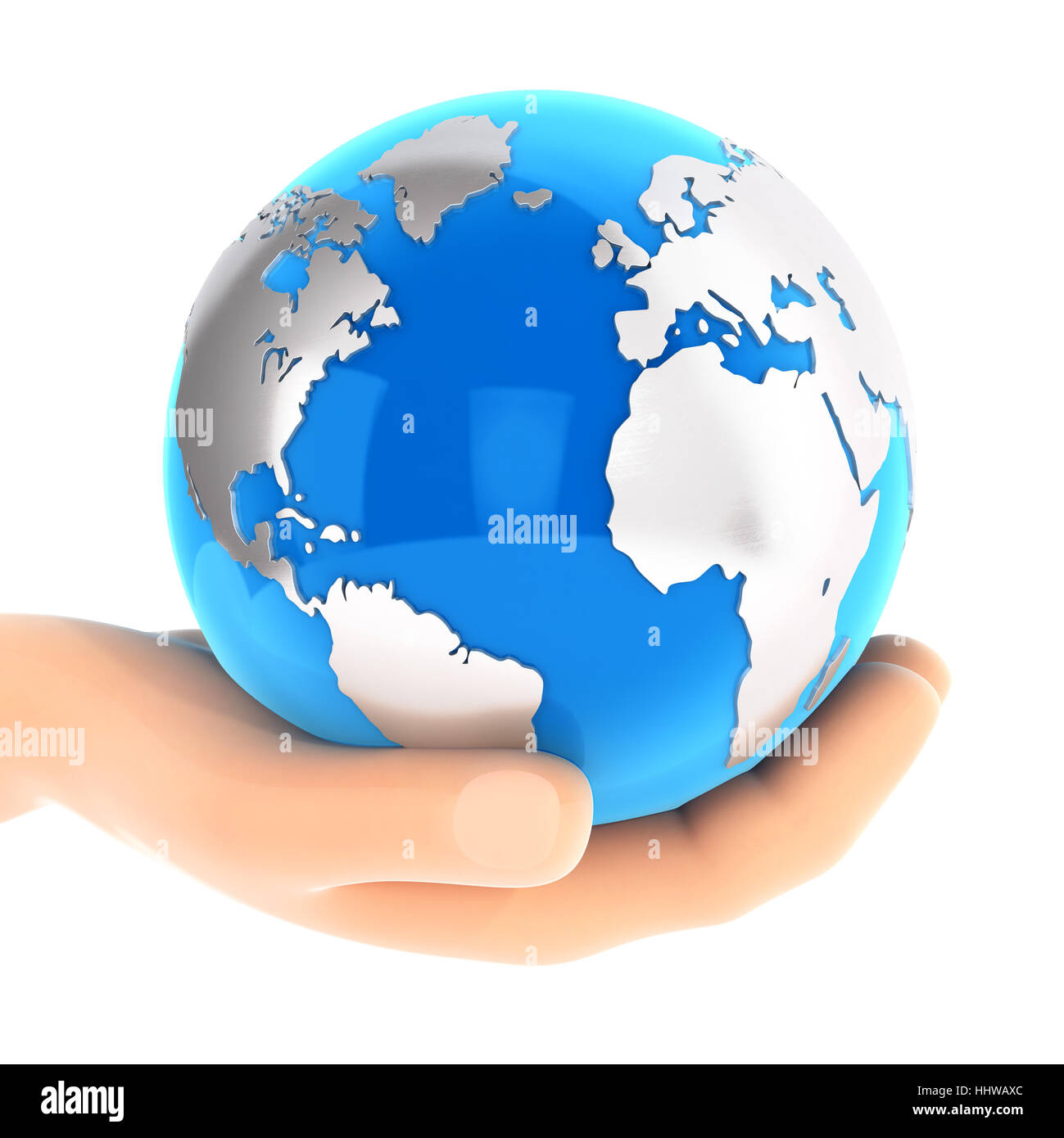 3d mano azienda terra blu, illustrazione isolato con sfondo bianco Foto Stock