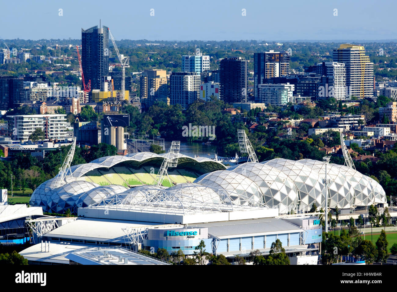 Obliqua di vista aerea di Hisense arena, Melbourne Australia Foto Stock