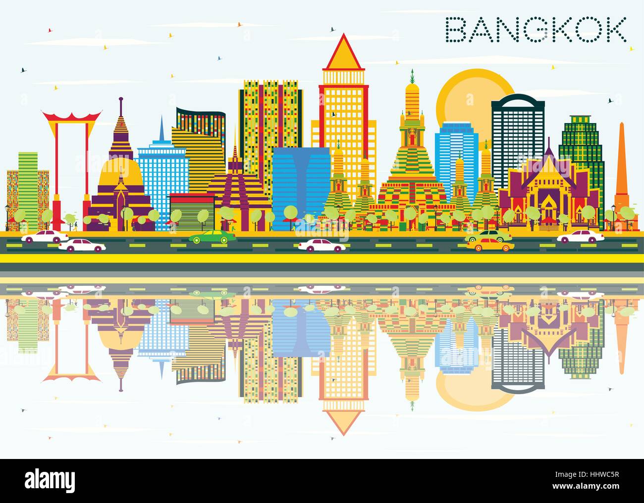 Lo Skyline di Bangkok con punti di riferimento di colore, cielo blu e riflessi. Illustrazione Vettoriale. Viaggi di affari e turismo Concept. Immagine per la presentazione Illustrazione Vettoriale