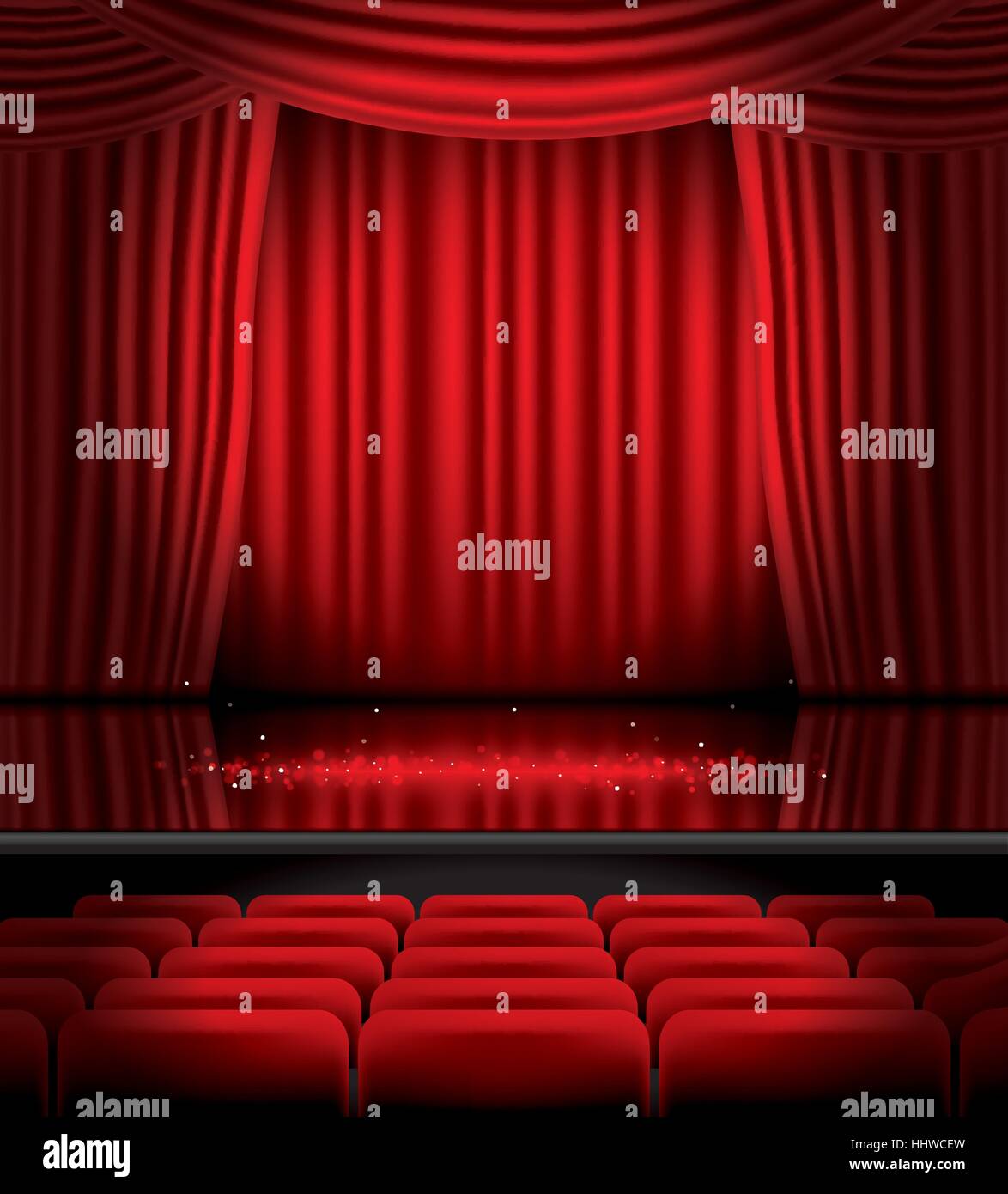 Aprire tende rosse con posti a sedere e uno spazio di copia. Illustrazione Vettoriale. Teatro, Opera o il Cinema scena. Luce su un pavimento. Illustrazione Vettoriale