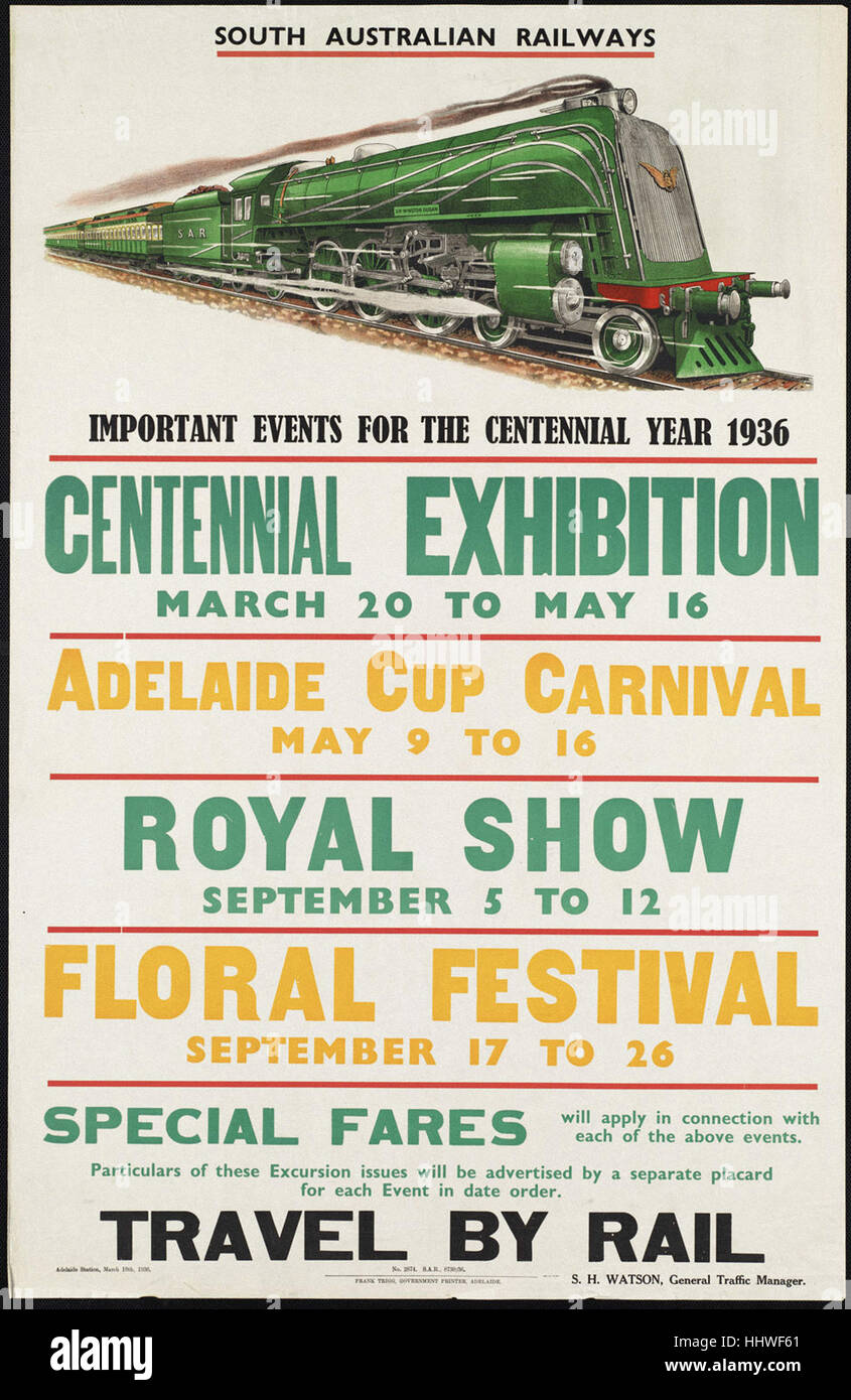 Viaggiare in treno. Eventi importanti per l'anno centenario 1936 - Vintage travel poster 1920s-1940s Foto Stock