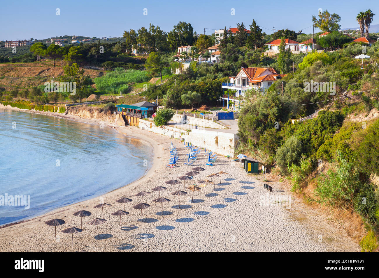 Bouka Beach in mattinata estiva, popolare località turistica della destinazione di Zante, isola greca nel Mar Ionio Foto Stock