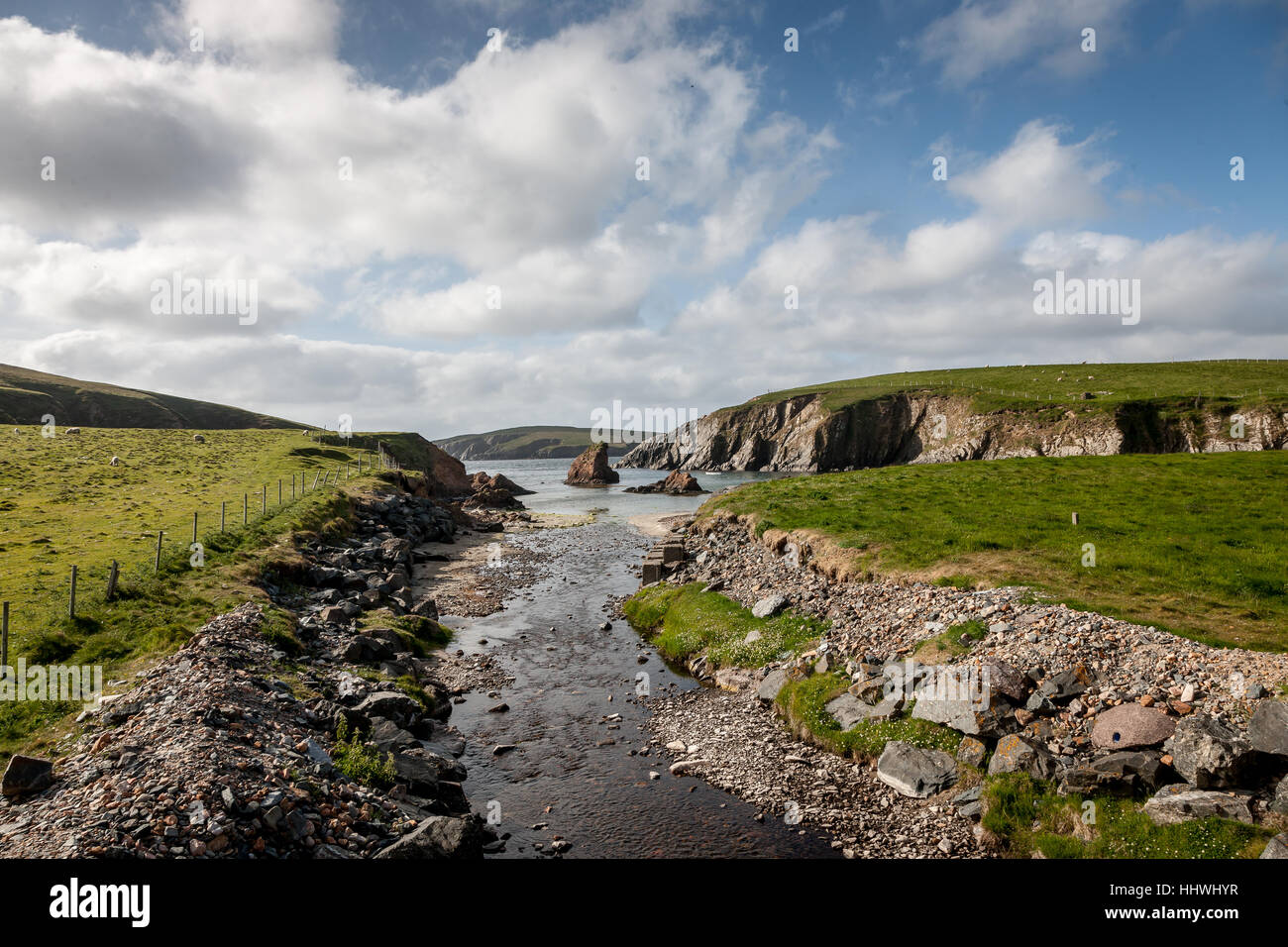 La Cooss Baia di Scousburgh, Continentale, le isole Shetland, Scotland, Regno Unito Foto Stock