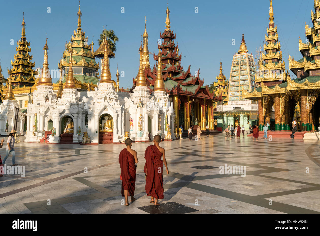 I monaci di fronte Shwedagon Zedi Daw, Shwedagon pagoda Yangon, Myanmar Foto Stock