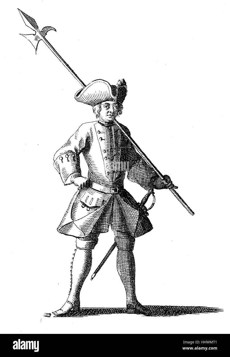 I vestiti dei militari all'inizio del XVIII secolo, da Flemming, il soldato perfetto, Der vollkommene Soldat, immagine storica o illustrazione, pubblicato 1890, digitale migliorata Foto Stock