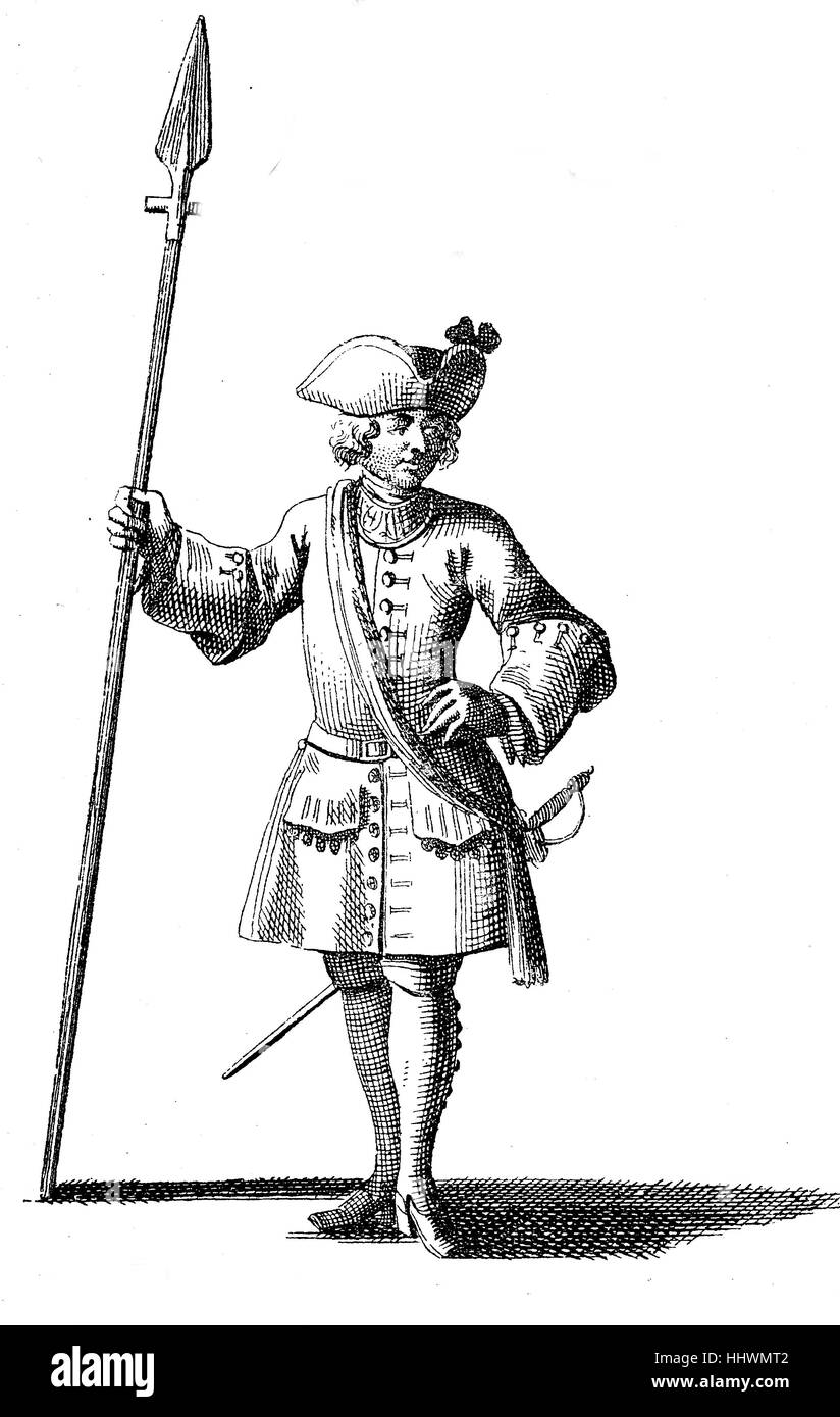 I vestiti dei militari all'inizio del XVIII secolo, da Flemming, il soldato perfetto, Der vollkommene Soldat, immagine storica o illustrazione, pubblicato 1890, digitale migliorata Foto Stock