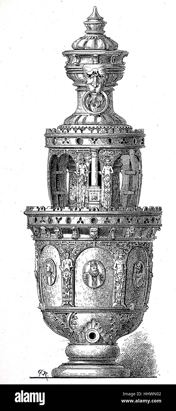 Bere brocca di argilla con coperchio, realizzato in Raeren a Eupen 1591, Germania, immagine storica o illustrazione, pubblicato 1890, digitale migliorata Foto Stock