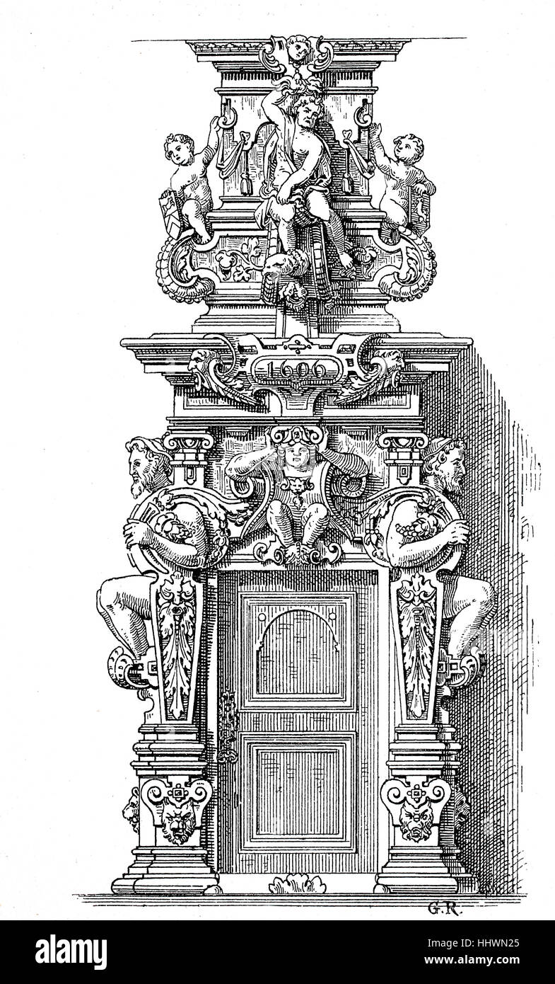 Riccamente decorato Camino con focolare porta in casa del Peller zu Nuernberg, monumento di un borghese casa residenziale all inizio del XVII secolo, Germania, immagine storica o illustrazione, pubblicato 1890, digitale migliorata Foto Stock