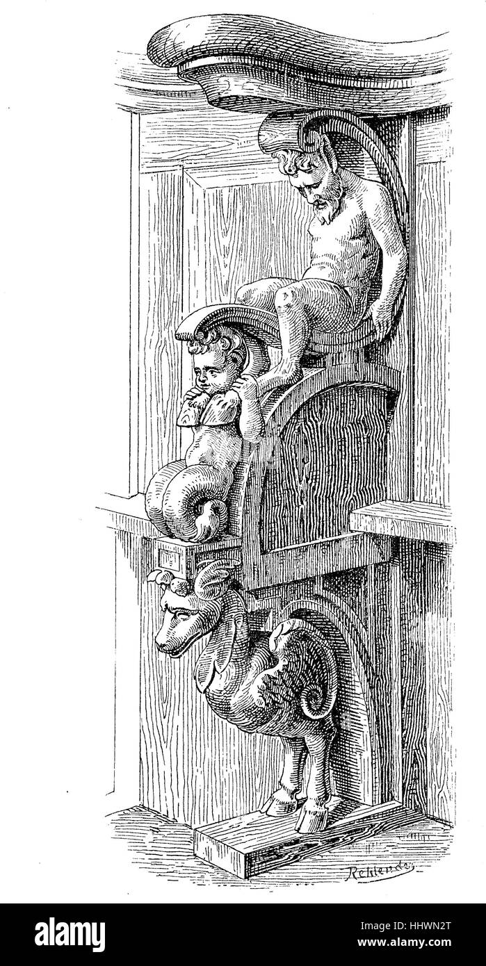 Le sculture al coro sedia in Nikolauskapelle nella cattedrale di Magonza, Germania, immagine storica o illustrazione, pubblicato 1890, digitale migliorata Foto Stock