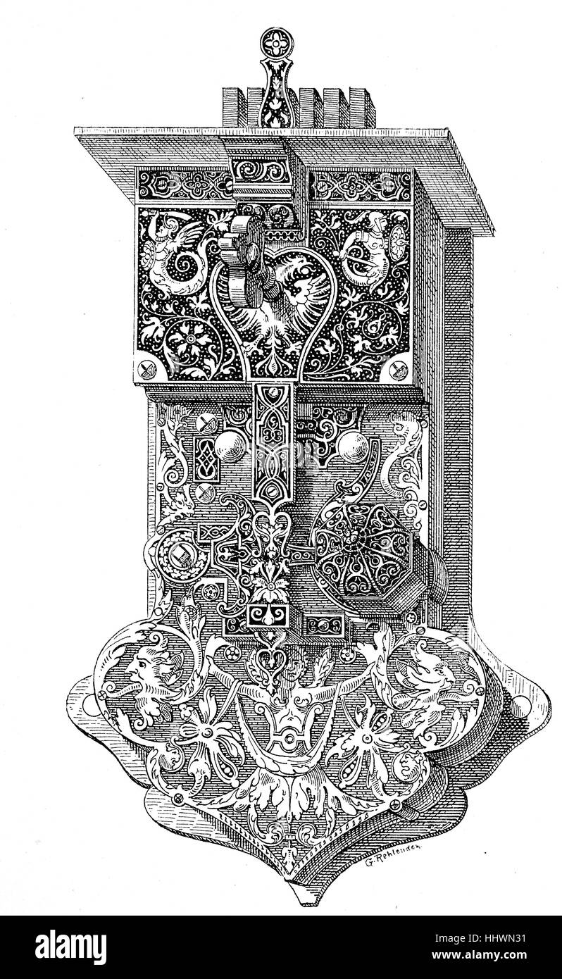 Ornano la serratura della porta nel museo municipale di Bamberg, Germania, immagine storica o illustrazione, pubblicato 1890, digitale migliorata Foto Stock
