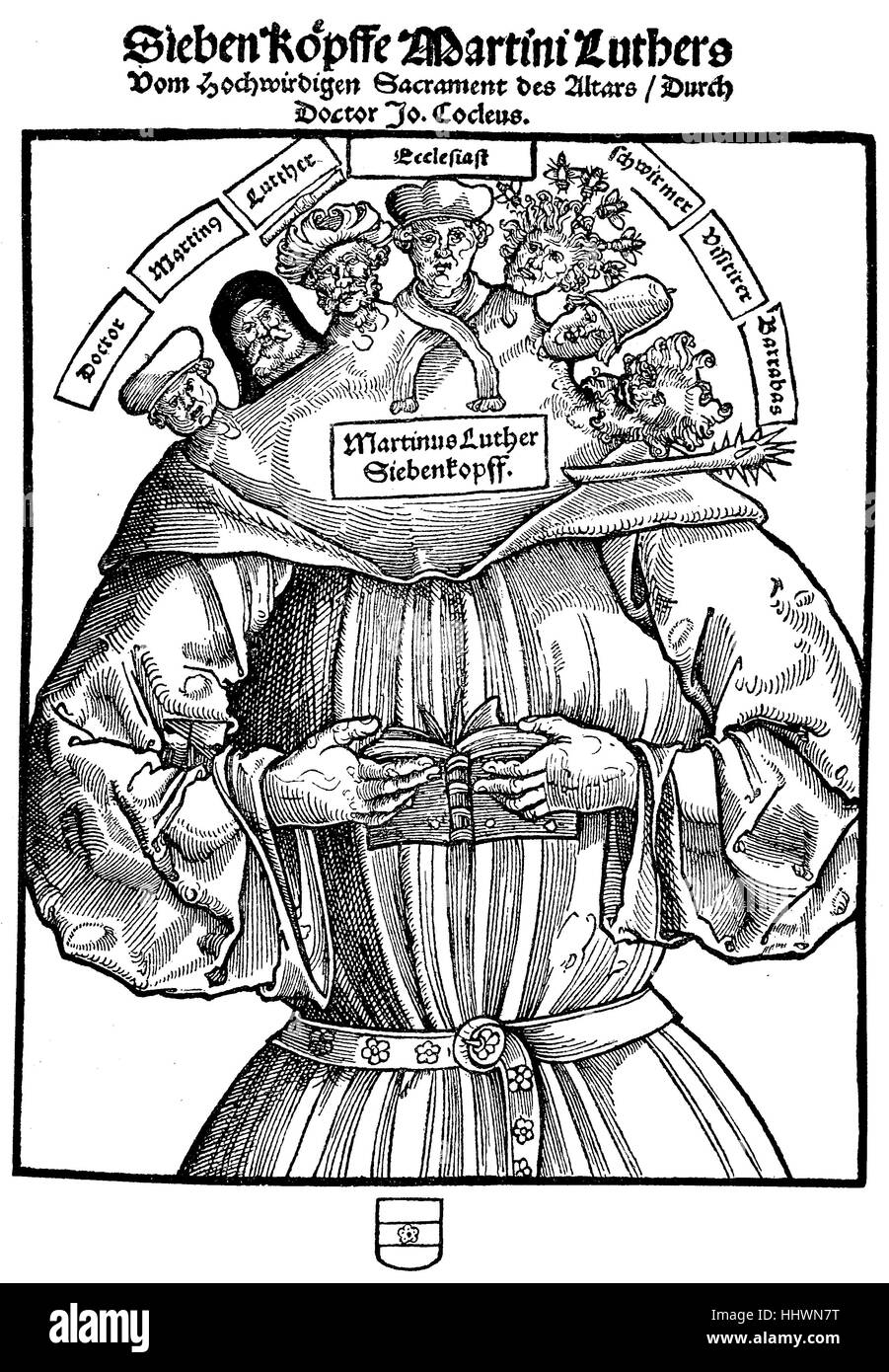 Facsimile, flyer dal periodo della Riforma contro Martin Luther, Martinus Luther Siebenkopf, Germania, immagine storica o illustrazione, pubblicato 1890, digitale migliorata Foto Stock