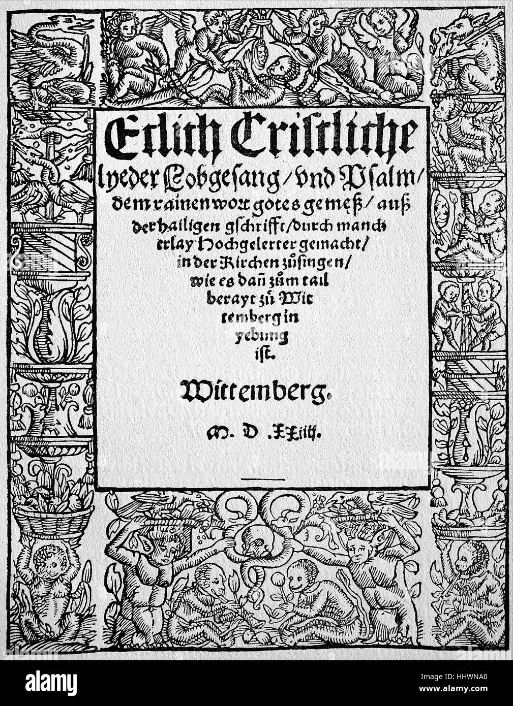 Il titolo e la prima pagina del primo Wittenberg evangelica libro di canto, Germania, immagine storica o illustrazione, pubblicato 1890, digitale migliorata Foto Stock